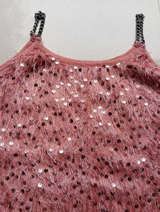 Pink Fringe Sequin Chain Strap Tank