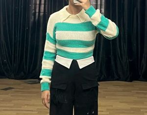 Striped Cropped Knit Sweater.