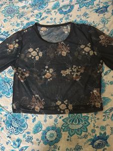 SHEIN Black Sheer Net Crop Top | Transparent | Lon