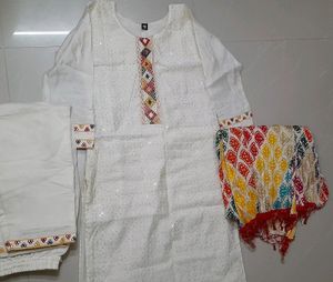 Beautiful White 3 Piece Suit With Multicolour Work