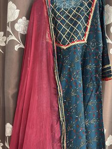 Teal &amp; Red Printed Anarkali Suit
