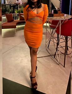 Bold Orange Bodycon Dress with ruched Sleeves