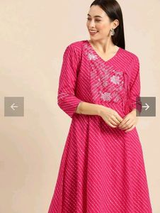 Pink and White Leheriya Printed Angrakha Kurta