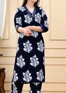 Navy Floral Print Kurti Set