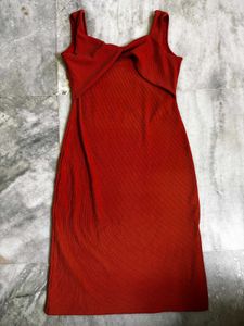 Orange Ribbed Bow-Front Bodycon Dress