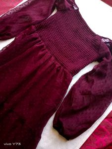 Pretty Purple Korean Dress With Puff Sleeves