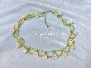 Handmade Lily Flower Green Beaded Lace Necklace