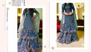 {M}Enchanting Teal &amp; Gold Embroidered Tiered Gown