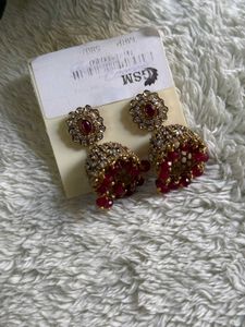 Elegant Gold-Tone &amp; Ruby Jhumka Earrings