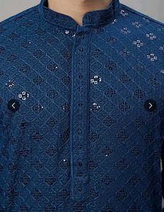 Men's Blue Embroidered Kurta And Pyjama