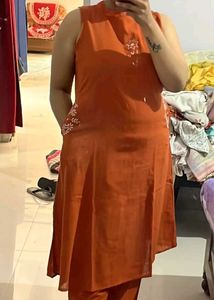 Orange Embroidered Kurti Set