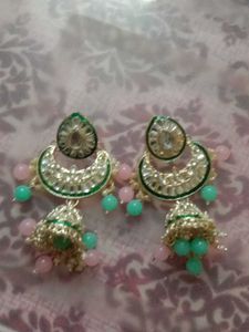 Green Kundan Jhumka Earrings