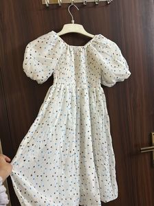 White Heart Print Puff Sleeve Dress