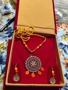 Oxidised Orange Yellow Necklace Set With Box