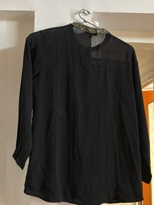Elegant Black Embellished Collar Shirt