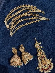 South Indian bridal ear chain with jumka and tikka