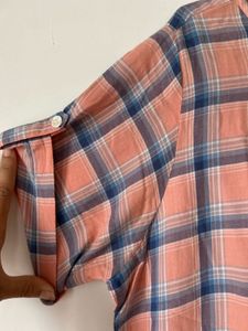 Peach Cotton Casual Checkered Top