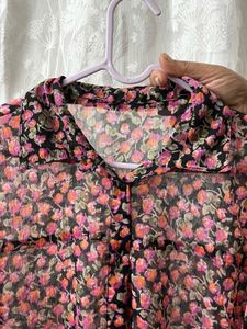 Sheer Floral Print Oversized Shirt