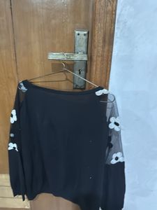 Elegant Black Top With Floral Embroidery Wit Net