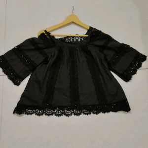 Black Lace Trim Off-Shoulder Top