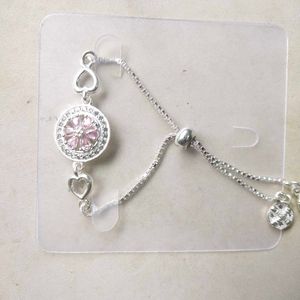 Pure Silver Pink CZ Stone Adjustable Hand Bracelet