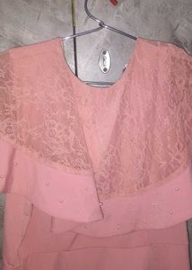 Coral Pink A-Line Dress with Lace Detail