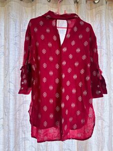 Red Print Button-Down Top And Pant Set