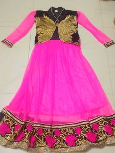 Girls' Pink Ethnic Dress with attached Jacket