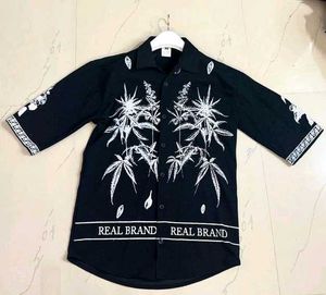 Black Graphic Print Downshoulder Shirt