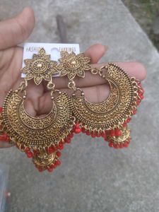 Statement Gold & Red Jhumka Earrings
