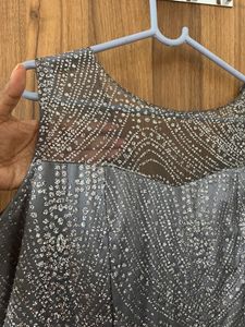 Grey Glitter Ethnic Gown With Transparent Neck