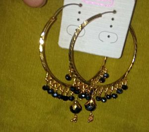 Gold Hoop Earrings with Black Beads
