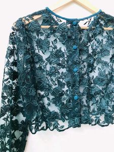 Korean Crop Sheer Floral Green Top