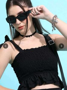 Black smocked fitted crop top