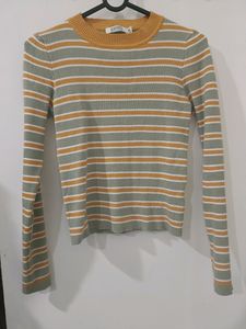 Women Mock Neck Yellow Stripes Sweater