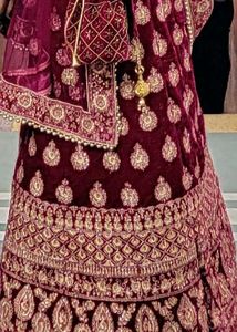 Dark Pink Embroidered Velvet Lehenga Choli Set