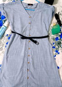 Light Blue Button-Down Dress with Belt
