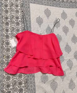 Women Pink Layered Strappy Neck Tie Crop Top