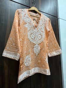 Soft Mulmul Cotton Chikankari Orange Kurti
