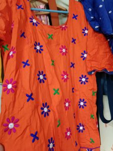 Orange Embroidered Kurti Set