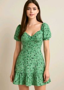 Floral Green Mini Dress Korean Style 💚