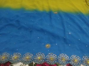 Original Georgette Blue & Yellow Sari