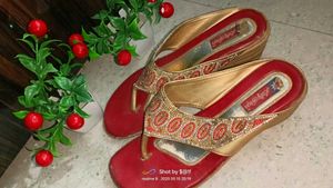 Lady Steps Red & Gold Wedges