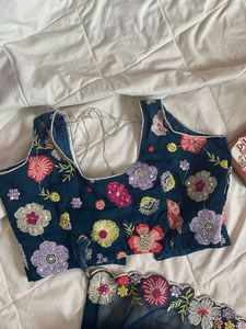 Floral Embroidered Navy Blue Saree