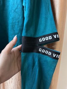 Peacock Blue Cut Sleeves Hoodie