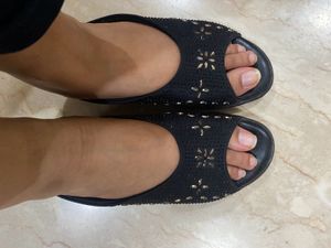 Black Open Toe &amp; Back Wedge Heels