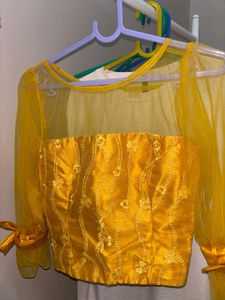 Net Sleeve Yellow Blouse Top