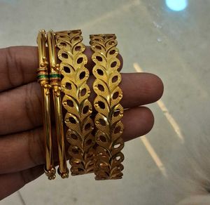 Gold Leaf Design Bangles (Set of 2)