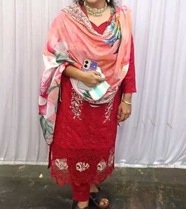 Red Embroidered Kurta Set