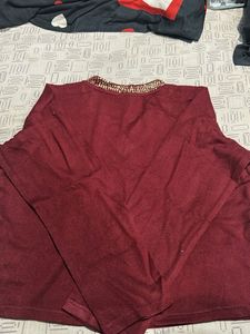 Burgundy Embellished V-Neck Top New